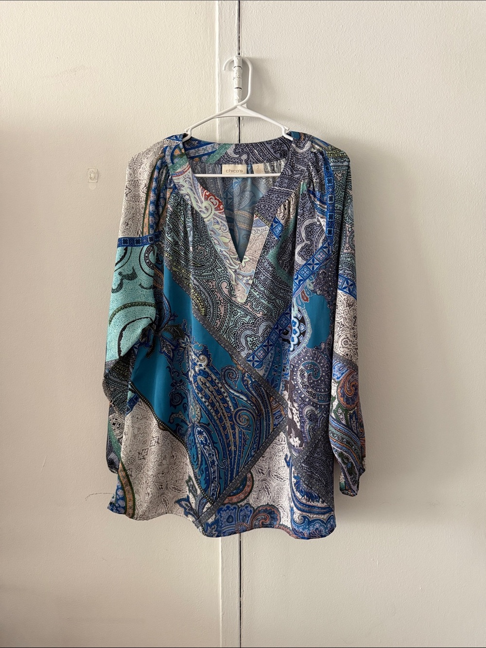 Chico's Teal and Navy Paisley V-Neck Blouse